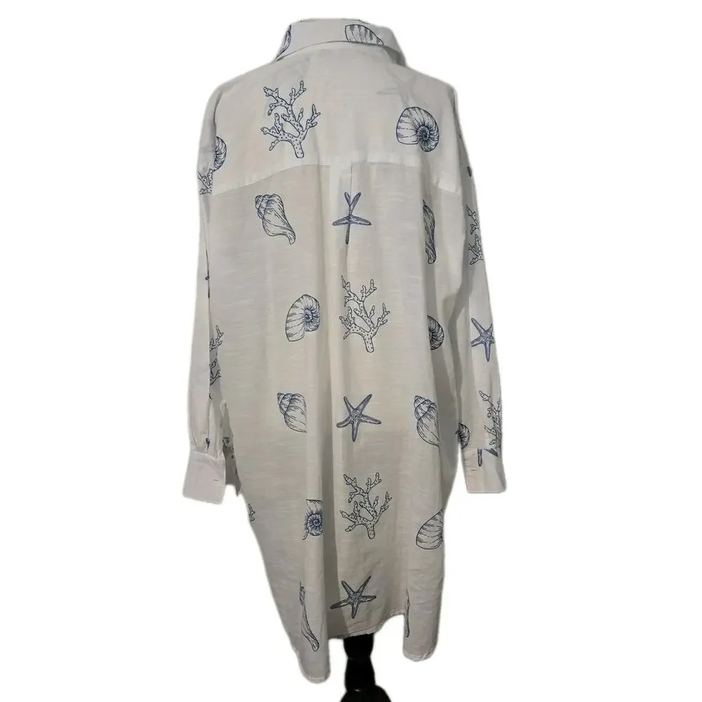 Women's Blue Island Blue/White Shells Top Tunic 100% Cotton Sz 3XL - Picture 4 of 7